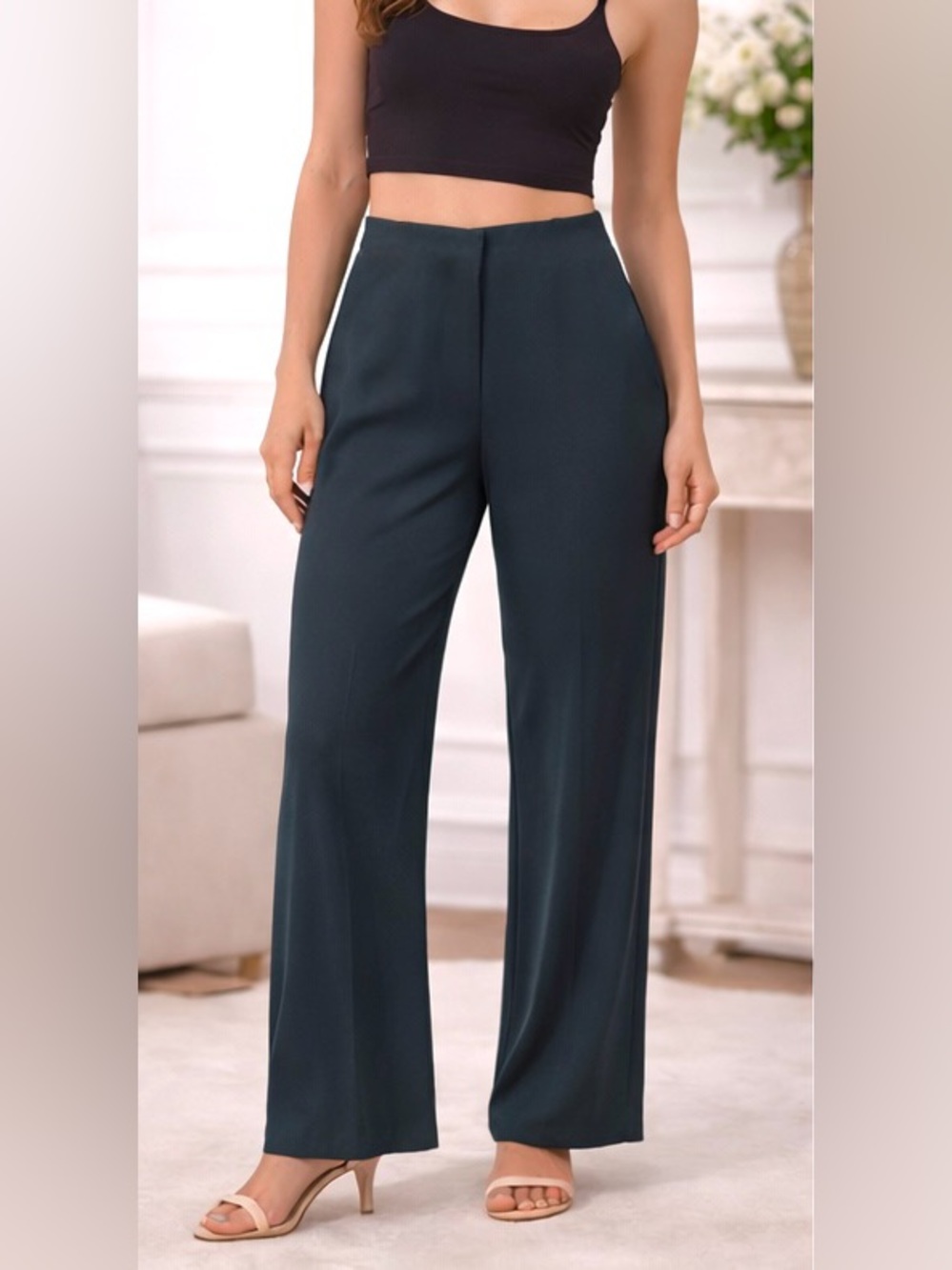 Zara Wide-Leg High-Rise Pants in Deep Teal